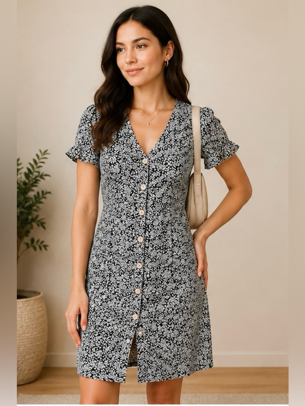Monteau Los Angeles Black White Floral Button Front Mini Dress Women’s Small